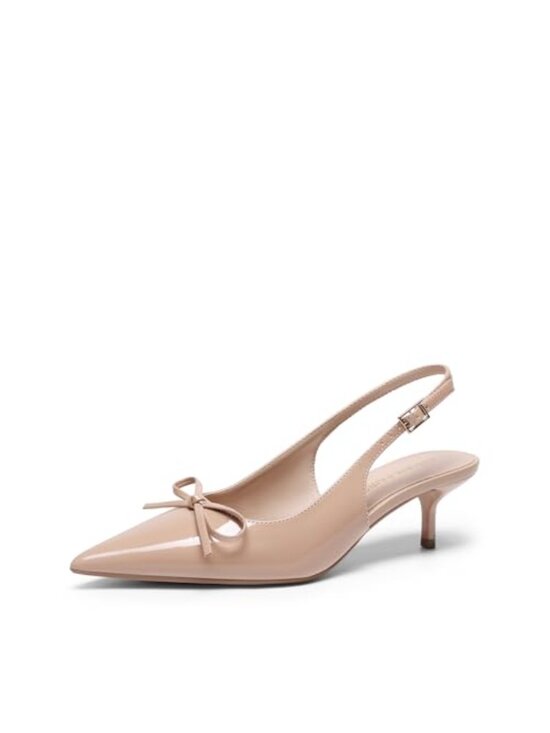 Shoes - Slingback Kitten Heels Pumps with Bow Pointed Toe Low Heel Dress Shoes